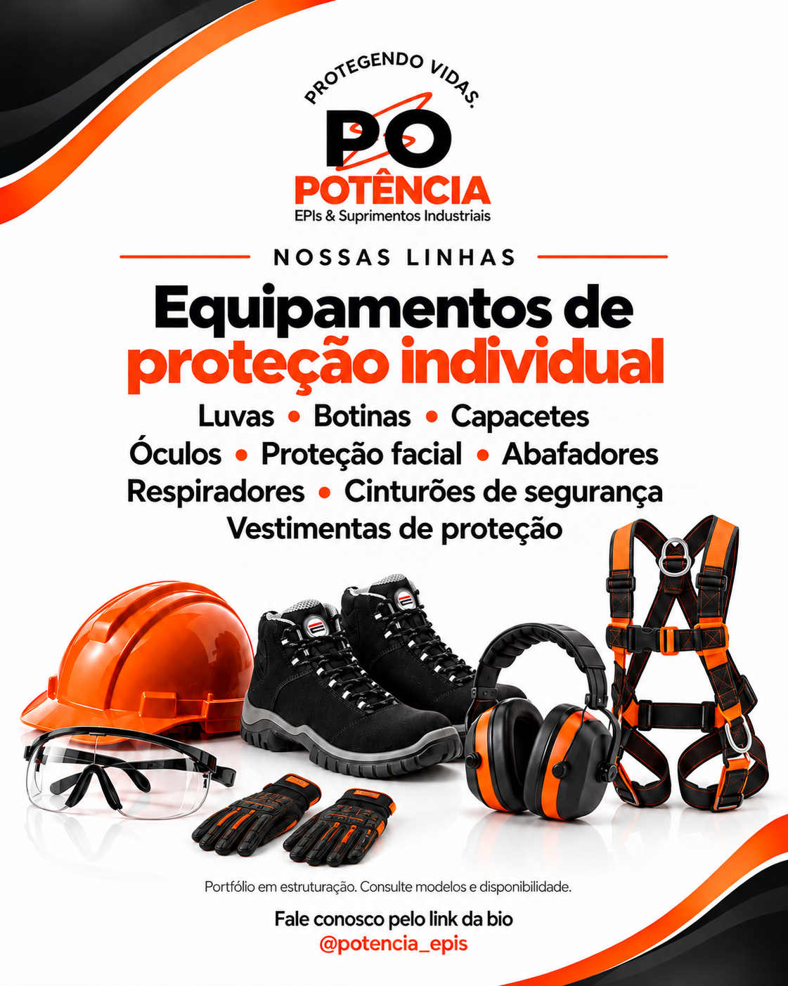 EPIs ilustrativos: luvas, botinas, capacete, óculos, abafador e cinturão