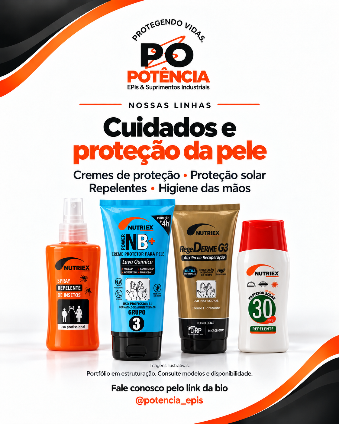 Linha ilustrativa Nutriex: creme de proteção, hidratante, protetor solar e repelente