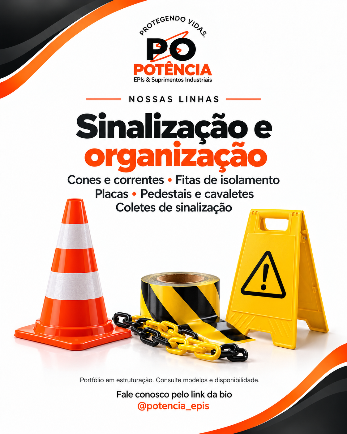 Cone, fita de isolamento, corrente e cavalete de sinalização